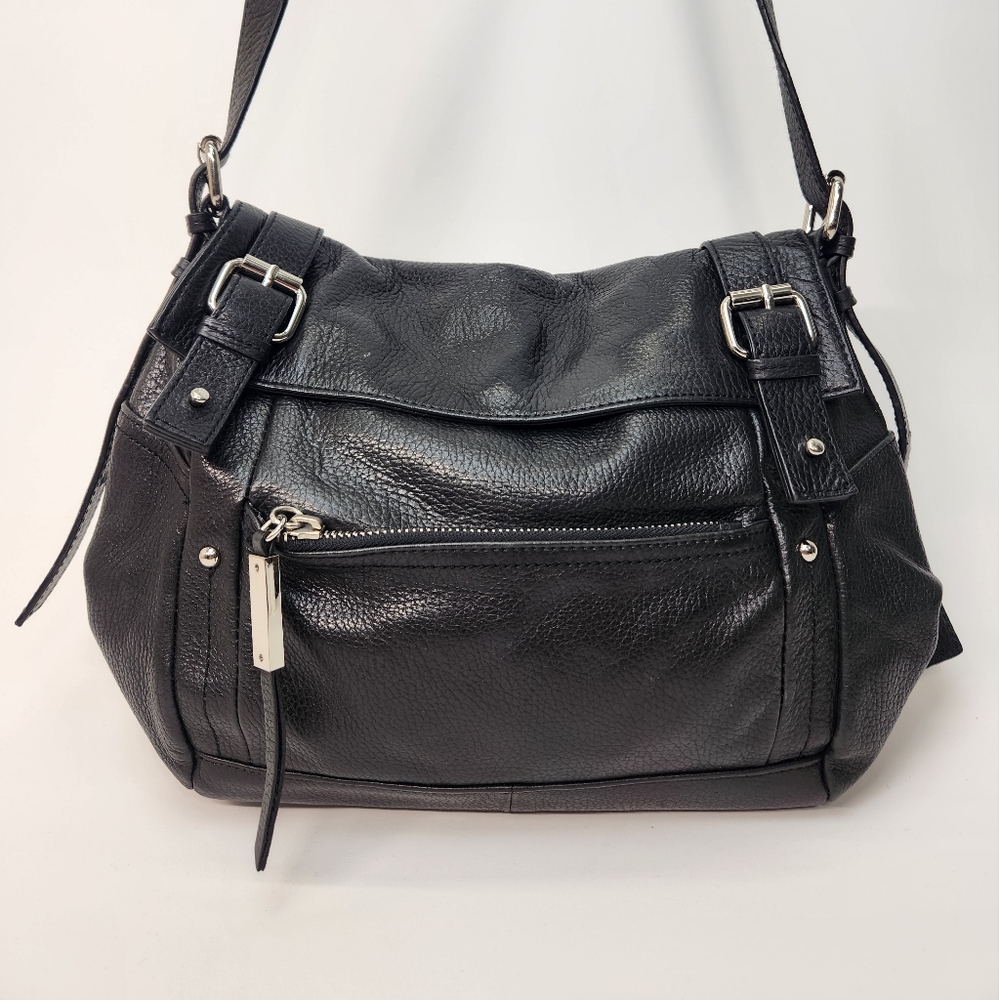 Perlina New York Women’s Black Soft Leather Handbag Shoulderbag Crossbody Bag.